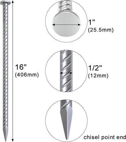 VVOKGO 16 Inch Rebar Stakes 1/2 Inch Diameter Galvanized Steel Ground Anchors Heavy Duty，Metal Asphalt Anchoring Spikes for Speed Bump, Handicap Threshold Ramps，Parking Limits Curb and Tent (24 Pack)