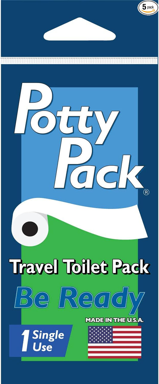 Single Use Portable Travel Bathroom Pack with Seat Cover, 2 ply Toilet Paper (4ft), Wet Wipes & Hand Sanitizer for Kids, Camping, Hiking, Outdoors, Sporting Events & More, Single - 5 units