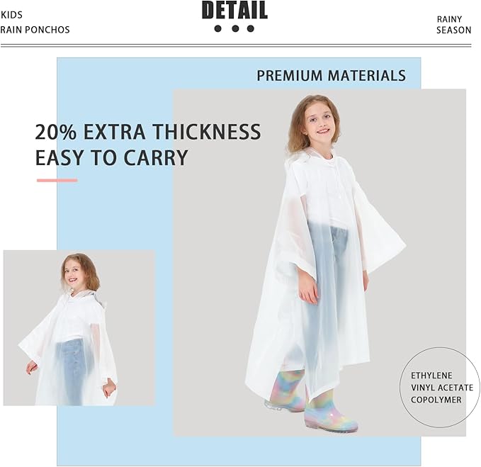 2 Pack Kids Rain Ponchos Reusable EVA Ponchos with Drawstring Hood, Waterproof Jacket for Boys and Girls
