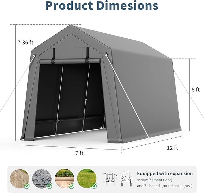 Garvee 7 ft x12 ft Outdoor Portable Storage Shed, Waterproof & UV-Resistant Garage Shelter with 2 Roll-Up Zipper Doors, Anti-Snow Carport Tent for Motorcycle, Bike, and Outdoor Equipment, Gray