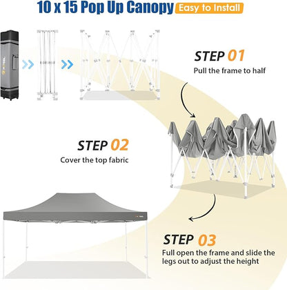 HOTEEL 10x15 Pop up Canopy Tent for Parties, Heavy Duty Easy Setup Tent Without Sidewalls, Outdoor Commercial Instant Gazebo for Wedding Event, with Roller Bag & Sand Bags, Grey(Hexagonal Frame)