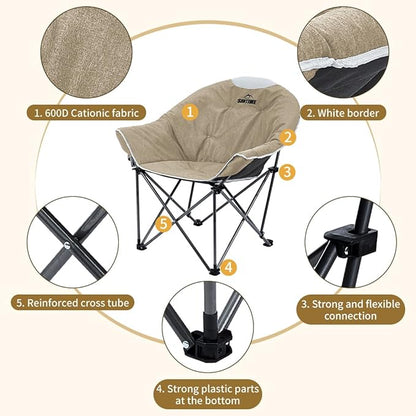 OUTDOOR LIVING SUNTIME Oversized Padded Camping Chair,Portable Comfy Outdoor Folding Moon Round Saucer Chairs for Adults with Holder and Carry Bag, Perfect for Hiking Lawn Patio Sports（Beige 2 Pack）