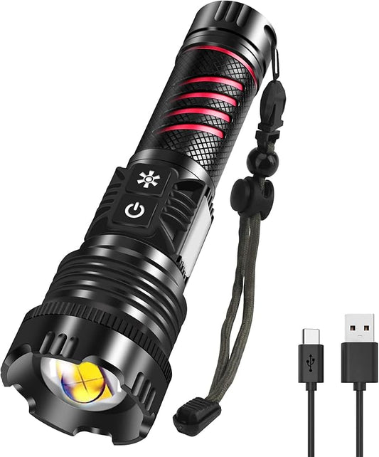 BORUIT Rechargeable Flashlight High Lumens 20000 Lumens LED White Red Light Torch,8 Modes IPX4 Waterproof Powerful USB C Tactical Flashlight Work Light for Outdoor, Emergency & Daily Use