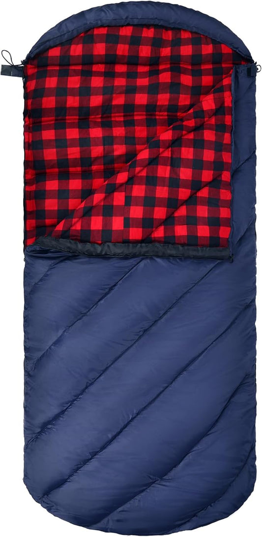 REDCAMP Flannel Sleeping Bag for Adults, Comfortable Cotton Sleeping Bags for Camping with Detachable Hood, Red/Grey/Blue
