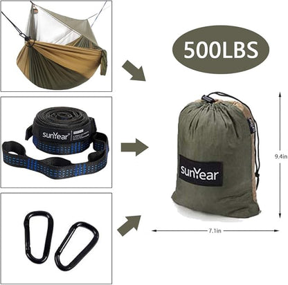 Sunyear Hammock Camping with Rain Fly Tarp and Net, Portable Camping Hammock Double Tree Hammock Outdoor Indoor Backpacking Travel & Survival, 2 Tree Straps,100% Waterproof