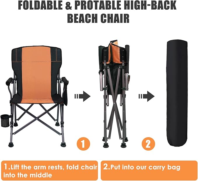 LEADALLWAY Folding Camping Chair Oversized Collapsible Camp Chair with Cup Holder and Removable Storage Bag, Heavy Duty Support 350 LBS, Portable Lawn Chair for Outdoor Camp, Picnic, Travel, Fishing