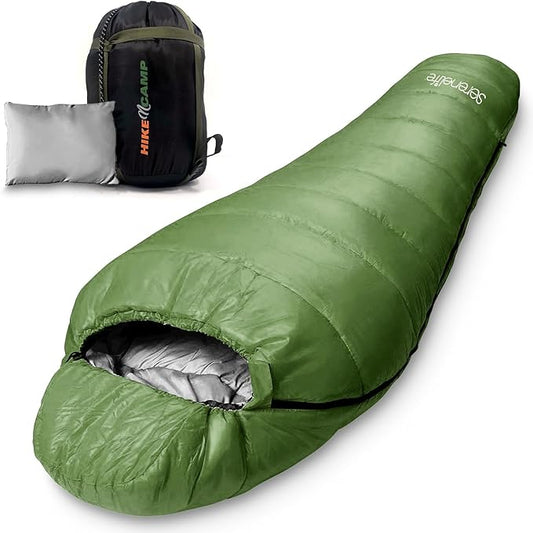 SereneLife 0 Degree Mummy Sleeping Bag – Military-Style, Lightweight & Waterproof for Extreme Cold, Stays Warm in 5–10°F, No-Snag Zipper, Compact Carry Bag & Travel Pillow for Camping & Backpacking