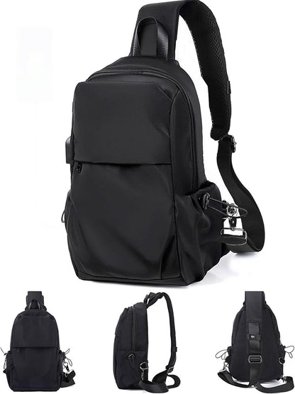 SEAFEW Small Black Sling Crossbody Backpack Shoulder Bag for Men Women, Lightweight One Strap Back Pack Sling Bag Backpack for Hiking Walking Biking Travel Cycling USB Charger Port-Nylon