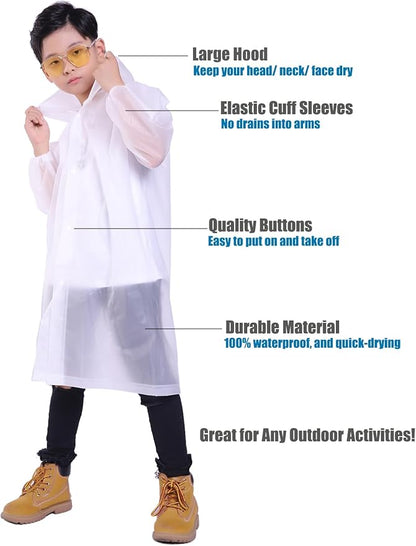 2 Pack Rain Ponchos for Kids, Reusable Kids Rain Jacket with Hood Waterproof Raincoats for Boys and Girls
