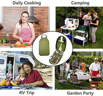 Camp Kitchen Utensil Organizer Travel Set Portable BBQ Camping Cookware Stainless Steel Utensils Travel Kit Outdoor Equipment Cutting Board Tongs Scissors Knife Ladle Spatula