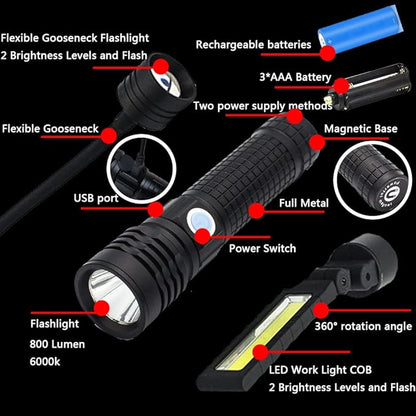 LED Work Lights Kit with Magnetic Base, Waterproof Slim Bar Light, Barbecue Flexible Goose Neck Lamp, 3 in 1 Rechargeable Riding Flashlights for Household Tool, Emergency,Camping and Auto Repair