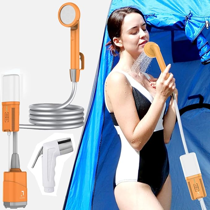 COSWE Portable Camping Shower, Outdoor Camp Pump with Rechargeable 4400mAH Battery and 130LM Led Lighting Device for Camping Hiking Outdoor Beach Garden