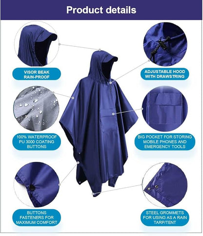 Hooded Rain Poncho Waterproof Raincoat Jacket for Men Women Adults, Military Poncho for Outdoor Activities Camping Fishing
