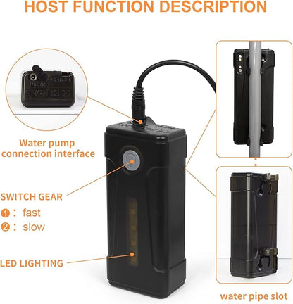 portable outdoor shower, battery driven shower pump, LED lighting, portable shower pump, draws water from a bucket into a stable and gentle shower flow,used for beaches,camping,gardens,hiking,
