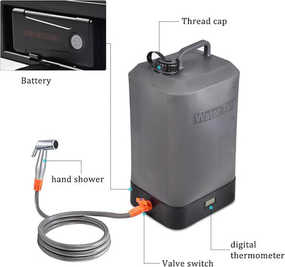 Portable Outdoor Shower, 4.5 Gallon Silicone Water Tank, Battery Powered and with Temperature Display, Solar Heating, Easy to Carry, Emergency Water in The car, Very Suitable for Camping, Beach