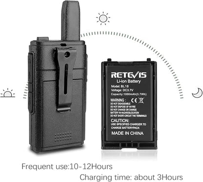 Retevis RT18 Rechargeable Walkie Talkies,Portable FRS Two-Way Radios,Dual PTT,Metal Clip,Small Mini Walkie-Talkie for Seniors Skiing Gift Family Camping Elderly(2 Pack)