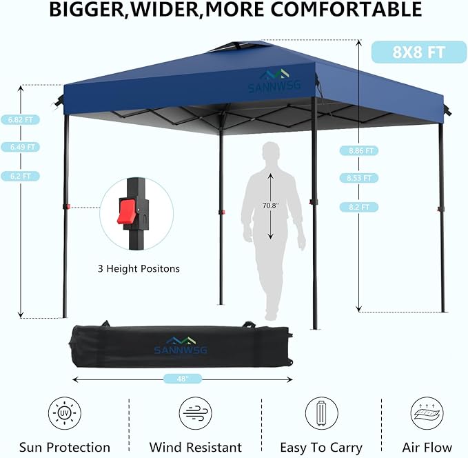 8X8 Pop Up Canopy Tent with 3 Sidewalls,Easy Up Canopy,Commercial Instant Shelter,Heavy Duty One Person Set Up Event Tent,Blue