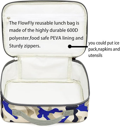 FlowFly Kids Lunch box Insulated Soft Bag Mini Cooler Back to School Thermal Meal Tote Kit for Girls, Boys,Blue Camo