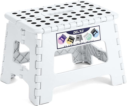 Delxo 9 Inch Folding Step Stool,White Step Stools for Kids Foldable,Portable Collapsible Step Stool with Handle, Folding Stool for Kitchen Bathroom,Bedroom,Garden