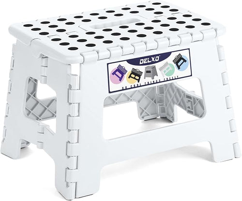 Delxo 9 Inch Folding Step Stool,White Step Stools for Kids Foldable,Portable Collapsible Step Stool with Handle, Folding Stool for Kitchen Bathroom,Bedroom,Garden