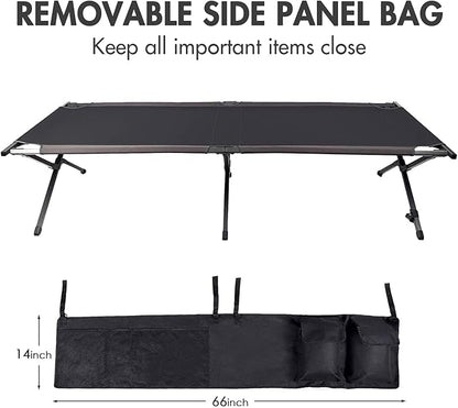 PORTAL Folding Portable Camping Cot, Guest Bed with Carry Bag and Side Storage Organizer, Camping Cots for Adults Sleeping, Away Tent Sleeping Cot Bed, Supports 300 LBS, Black