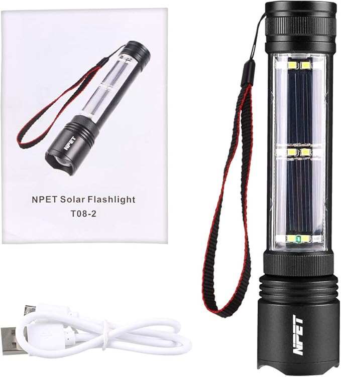 NPET T08-2 Solar Power Flashlight Car Flashlight USB Rechargeable Tactical Multi-Function Torch Emergency Tool