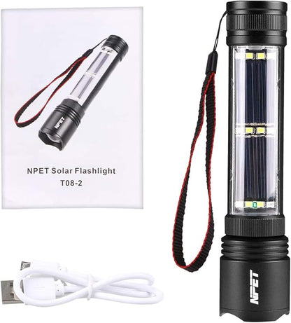 NPET T08-2 Solar Power Flashlight Car Flashlight USB Rechargeable Tactical Multi-Function Torch Emergency Tool