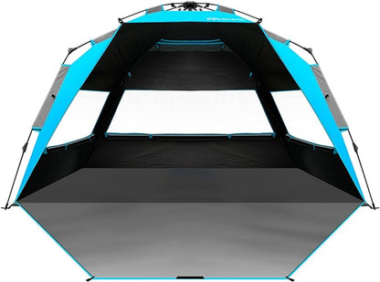 OutdoorMaster Beach Tent with Blackout Shelter Technology, Portable Beach Shade Sun Shelter Canopy for 4-6 Person with UPF 50+ UV Protection, Easy Setup Pop Up Tent Family Size