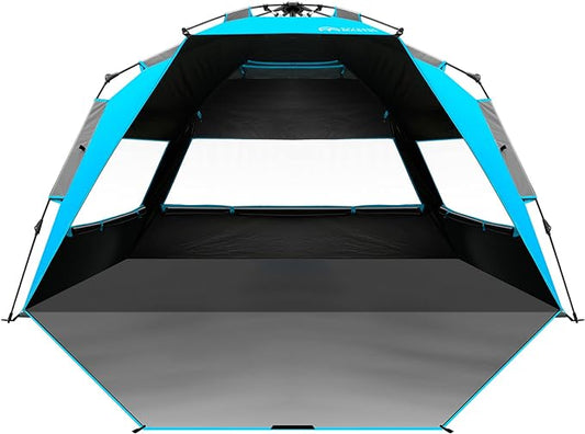 OutdoorMaster Beach Tent with Blackout Shelter Technology, Portable Beach Shade Sun Shelter Canopy for 4-6 Person with UPF 50+ UV Protection, Easy Setup Pop Up Tent Family Size