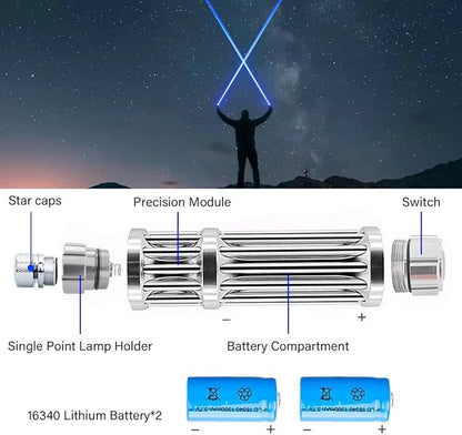 High Power Blue Flashlight, Long Range Powerful Blue Light, Rechargeable Flashlight with 5 Star-Cap for Camping, Hiking, Hunting, Fishing, Silver