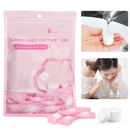 100PCS Compressed Face Towels, Portable Compressed Towel Tablets, Cotton Disposable Face Towel Coin Tissues, Mini Compressed Towels for Travel Camping (Pink)