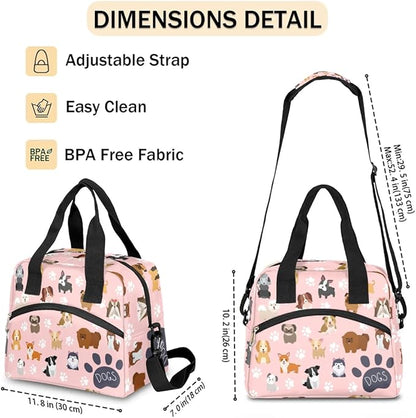 Dog Lunch Bag Dog Paws Pink Lunch Box for Women Girls, Reusable Insulated Leakproof Meal Prep Organizer Tote Thermal Cooler Bag with Shoulder Strap for Kids Adult School Work Office Picnic