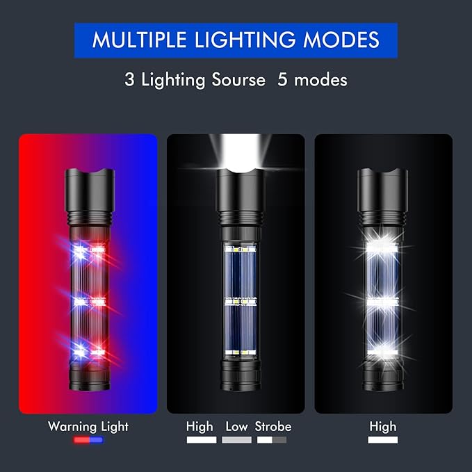 NPET T08-2 Solar Power Flashlight Car Flashlight USB Rechargeable Tactical Multi-Function Torch Emergency Tool (T08-2pack)