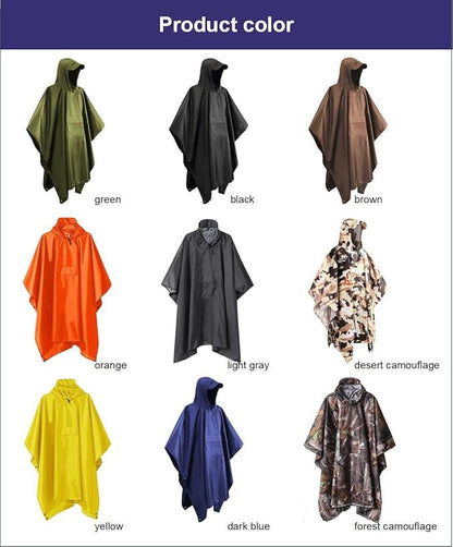 Hooded Rain Poncho Waterproof Raincoat Jacket for Men Women Adults, Military Poncho for Outdoor Activities Camping Fishing