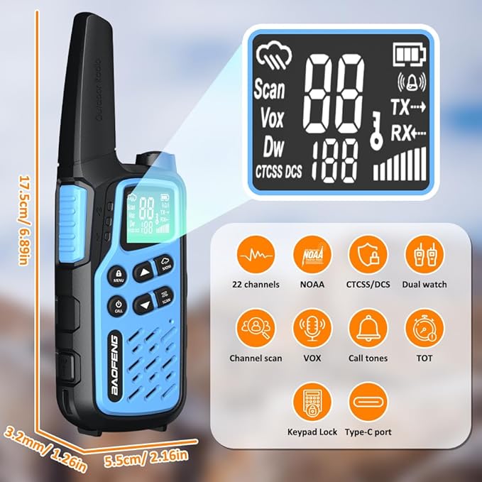 BAOFENG T25 Walkie Talkies for Adults Teens 22 FRS Channels Two Way Radio with 1400mAh Rechargeable Battery, VOX, NOAA, Flashlight, SOS, Dual Watch for Camping, Hiking, Biking, Family Outdoors, 2 Pack