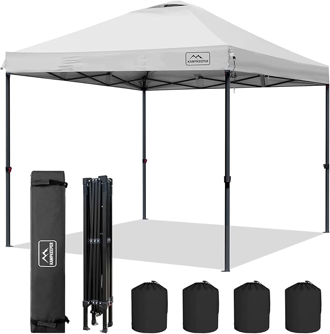 KAMPKEEPER Canopy Tent,Outdoor Canopy,10x10 Pop Up Canopy Tent for Commercial Garden Wedding Camping Party,3 Adjustable Height with Ropes and 4 Stakes (White)