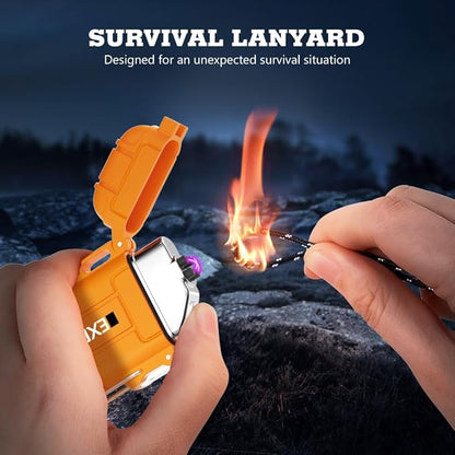 LcFun Electric Lighter USB C Rechargeable Lighter Windproof Arc Lighter Waterproof Flameless Dual Arc Plasma Lighters with Emergency Whistle for Adventure, Survival Tactical, Camping Gadgets (Orange)