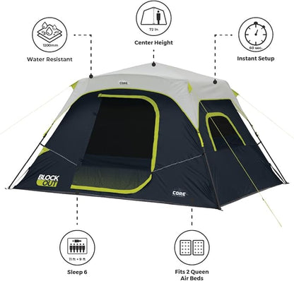 CORE Blackout Instant Cabin Tent | Large Family Pop Up Dark Room Tent with Easy Camp Setup | Included Storage Pockets for Outdoor Camping Accessories