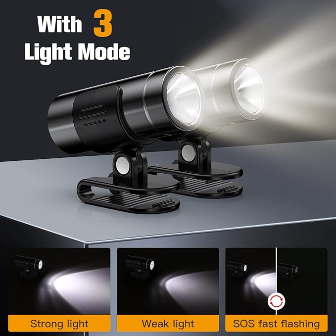 2 Packs Waterproof Clip on Flashlight,Super Bright LED Rechargeable Night Running Lights,Suitable for Use with Headlights for Camping,Maintenance,Night Fishing,Jogging and Dog Walking
