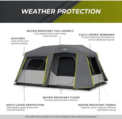 CORE Instant Cabin Tents | 6 Person / 9 Person / 10 Person / 12 Person Family Cabin Multi Room Pop Up Tents Car Camping | Included Storage Pockets for Camping Accessories