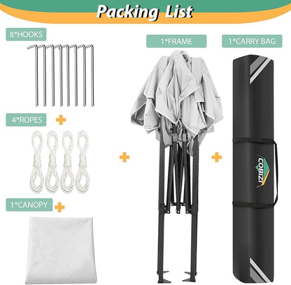 COBIZI 6.6x6.6ft Pop Up Canopy Tent, Heavy Duty Canopy Easy Set up All Weather Waterproof Outdoor Canopy Tent for Parties, Beach, Garden, Camping with 1 Handbag, 3 Adjustable Heights, UPF50+, White