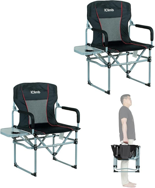 iClimb Heavy Duty Compact Camping Folding Mesh Chair with Side Table and Handle