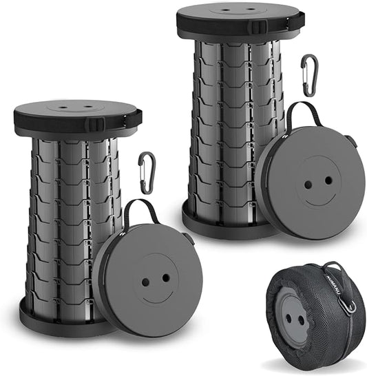 2-Pack Collapsible Stool & Carry Bag + Clips - Portable Folding Stool, Height Adjustable, Lightweight, Retractable Telescoping Camping Seat Travel Chair, Foldable Footrest - Max 400lbs