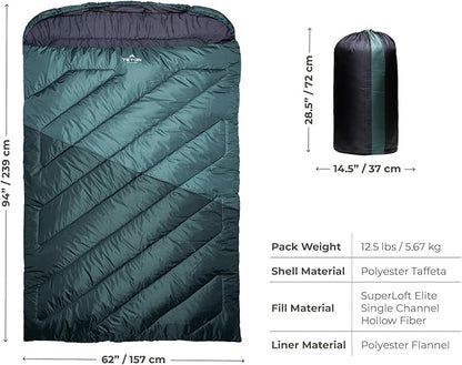 Teton Mammoth Queen Size Double Sleeping Bag- A Warm Bag The Whole Family can Enjoy – Great for Camping, Hunting and Base Camp. Compression Sack Included