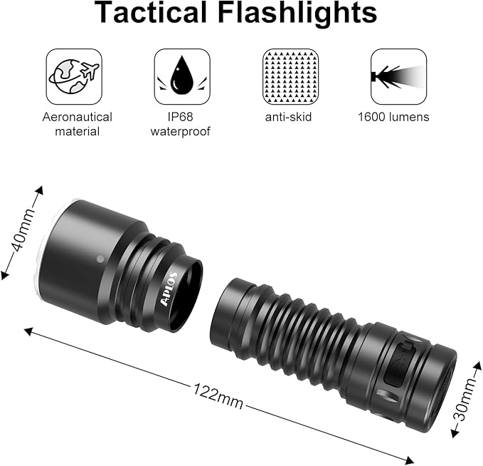 APLOS T04 LED Tactical Flashlight - 1600 Lumen Powerful Emergency Flashlights, 7 Modes IP68 Waterproof Rechargeable Flashlight for Camping Hiking Walking