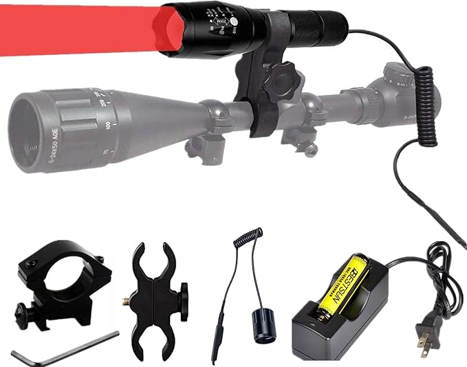 BESTSUN 350 Yard Red Light Tactical LED Flashlights, Zoomable Predator Light Long Range Night Hunting Coyote Varmint Light Hunting Flashlight with Pressure Switch, Picatinny & Scope Mounts