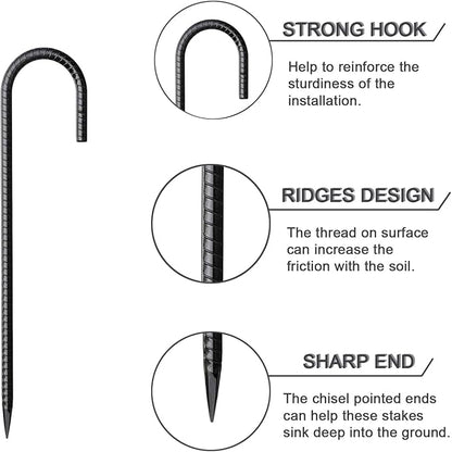 Rebar Stakes 12 Inch 10 Pack Tent Stakes Heavy Duty Metal J Hook, Fence Stakes for Trampoline, Fence, Camping Tent (10, J-12 x5/16 Black)