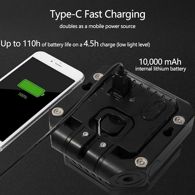 Camping Light Work Light 10000mAh 1500LM Rechargeable Magnetic 5 Modes Flood Light IPX5 Waterproof Portable Clamp Light for Outdoor, Emergency, Repairing, Fishing, Power Outages (Black)
