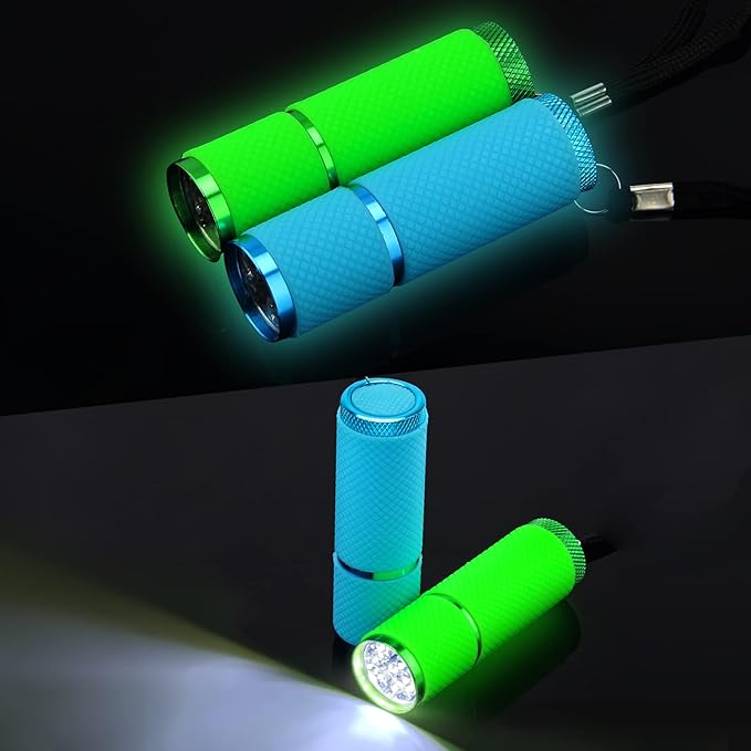 AHIER 9 LED Glow in Dark Flashlights, 3 Pack Rubber Coated Flashlights with Straps, Portable Handy Lights for Camping, Hiking, Indoor, Assorted Colors (Green+Blue)