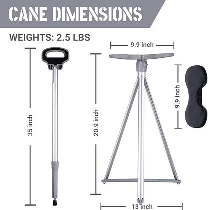 Walking Stick With Seat - Adjustable Portable Cane, Foldable Stool With 2 Bases, Pocket Storage Bag and Removable Cushion - Aluminum Lightweight Mobility Aid Crutch